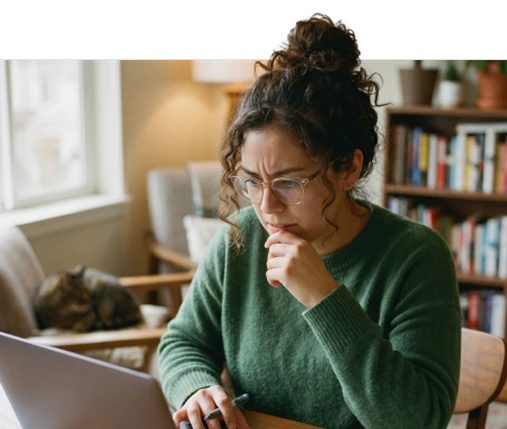 Worker reviews a laptop screen in a home office