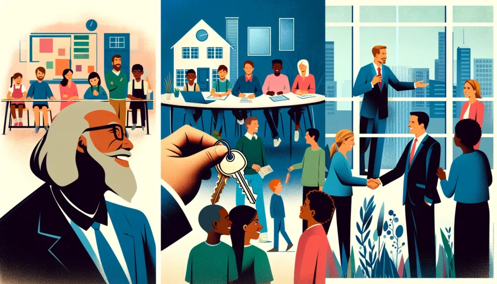  "A collage of different scenarios: a teacher with children, a landlord handing keys to a tenant, and a business meeting, all representing the importance of criminal background checks in various contexts."
