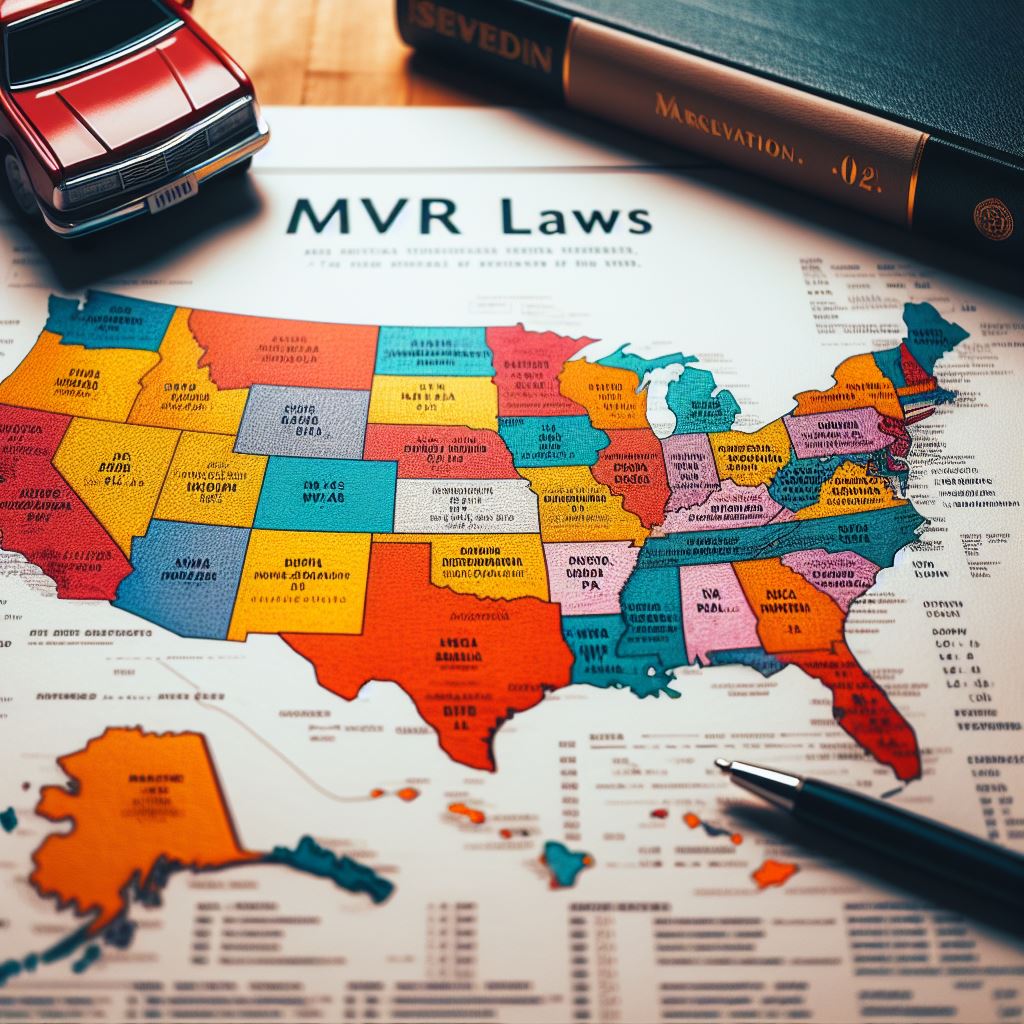 A photo of a map of the United States with different colors indicating the MVR laws of each state. MVR stands for Motor Vehicle Record and refers to the official record of a driver's history. The photo has no text on it.