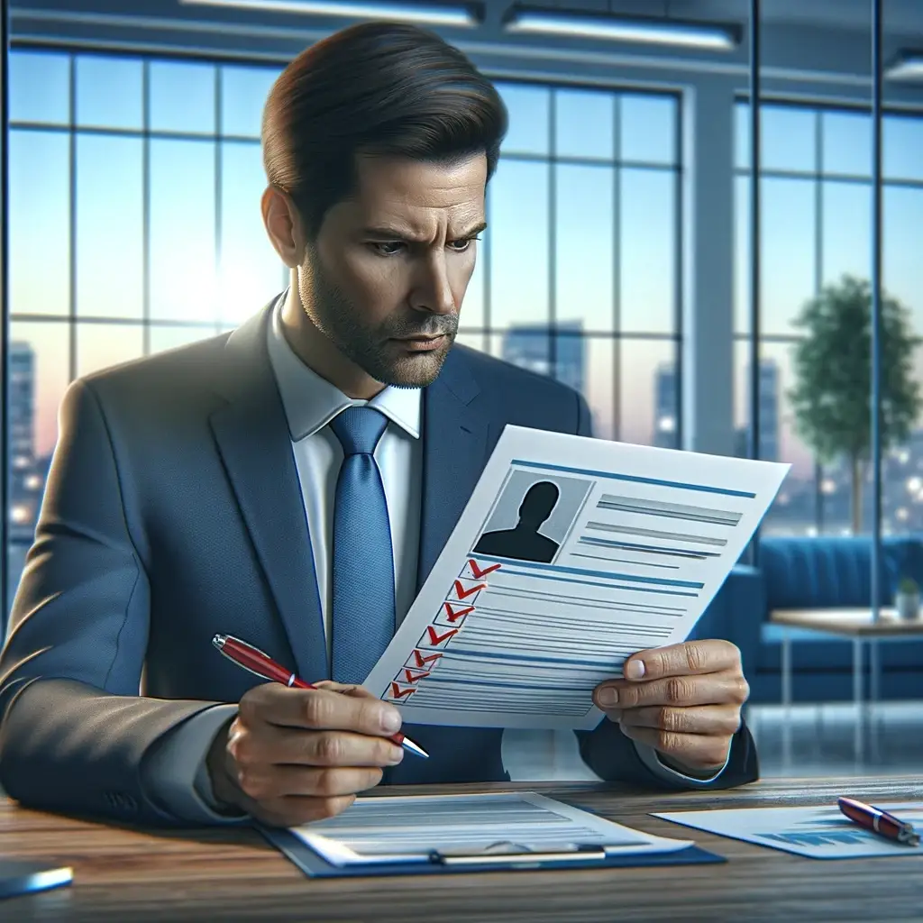 HR manager examining a background check report with red flags highlighted.