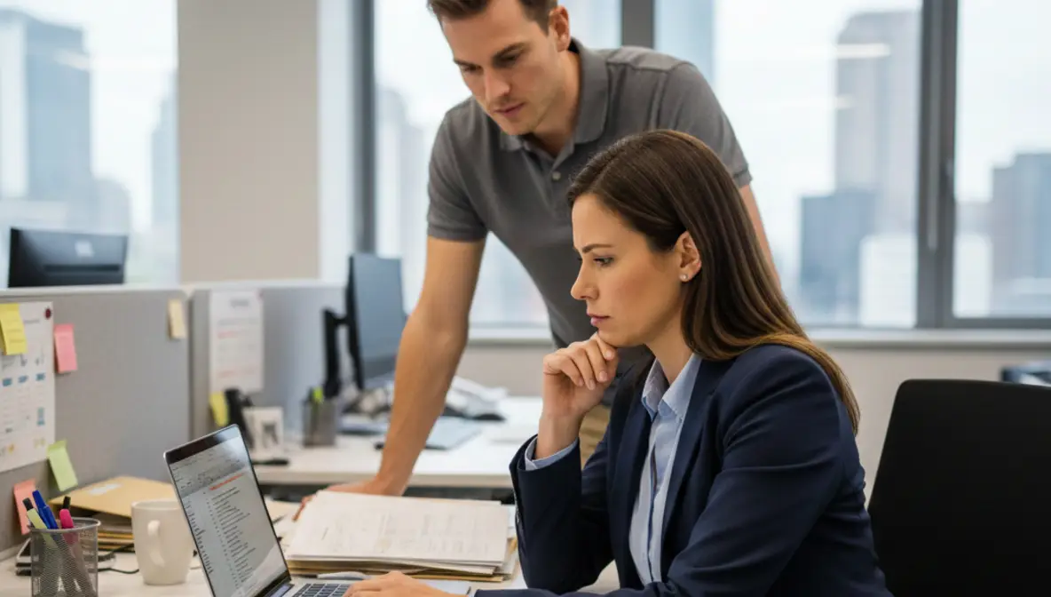 HR professional and her coworker looking at her laptop in an office